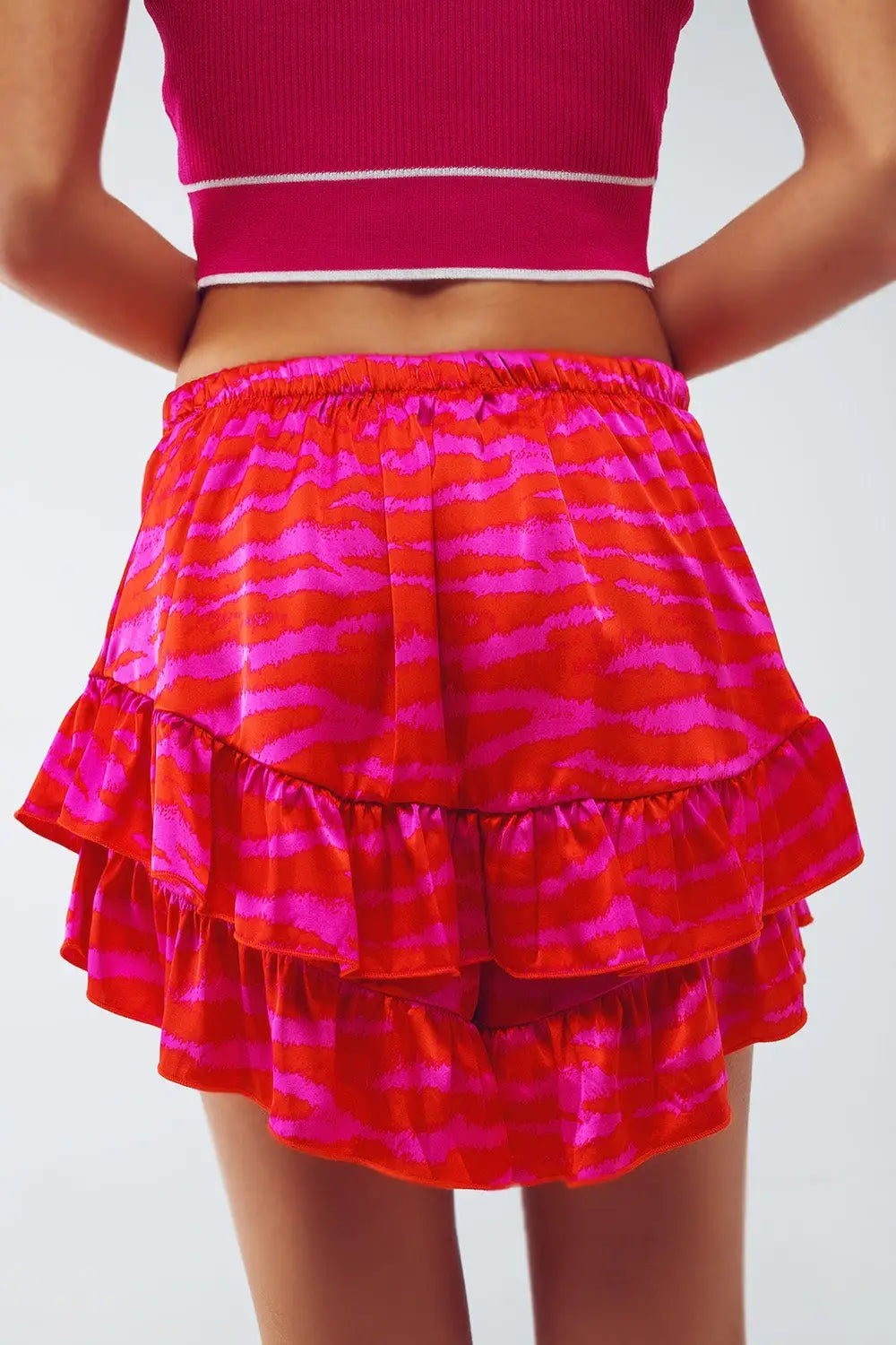 Short avec ourlet à volants à motif zèbre en orange et fuchsia - Pantalons