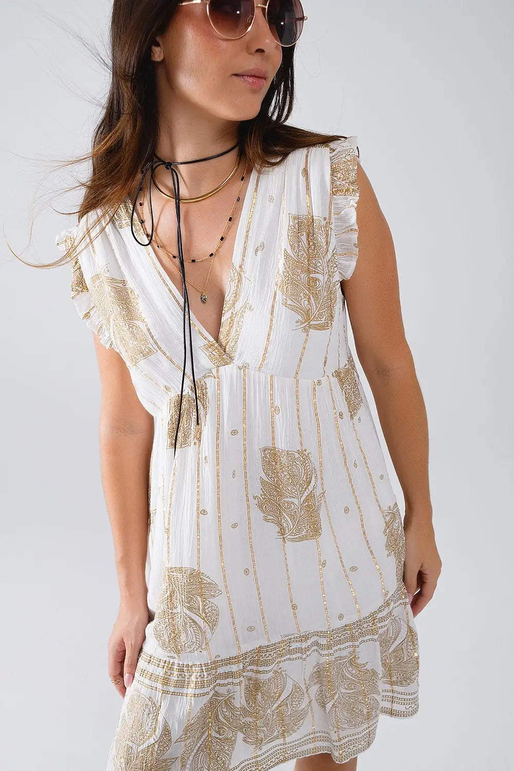 Short Babydoll Dress With Leaf Print And Lurex Thread in White - Dresses