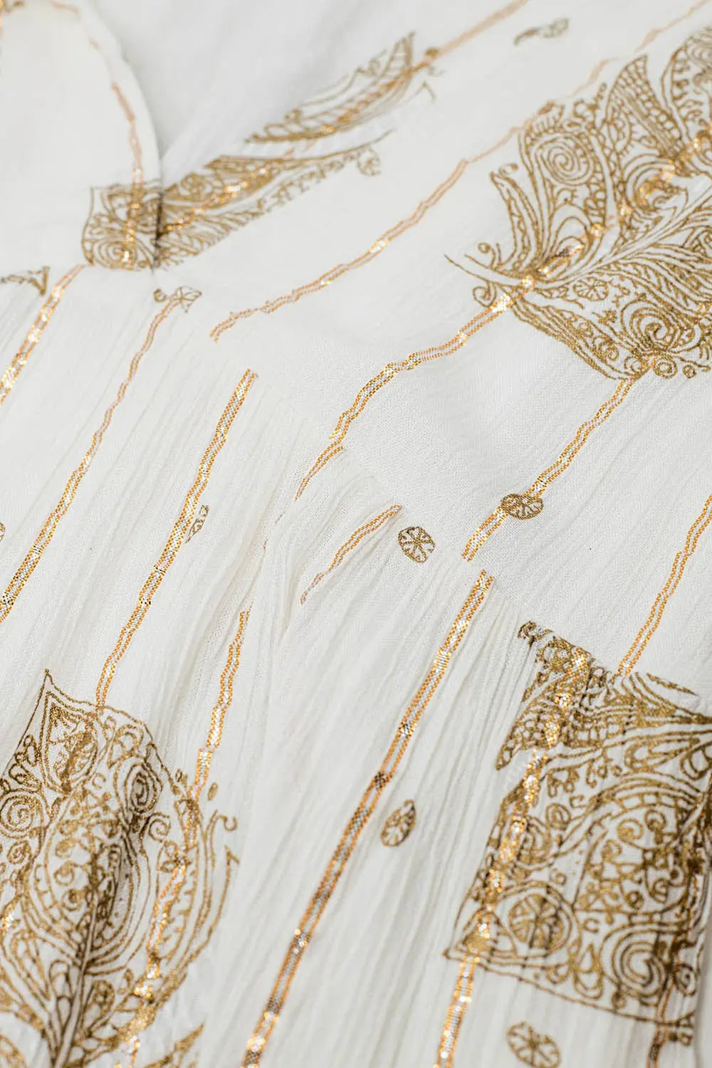 Short Babydoll Dress With Leaf Print And Lurex Thread in White - Dresses