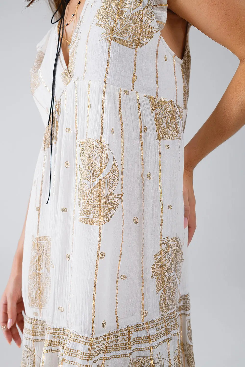 Short Babydoll Dress With Leaf Print And Lurex Thread in White - Dresses