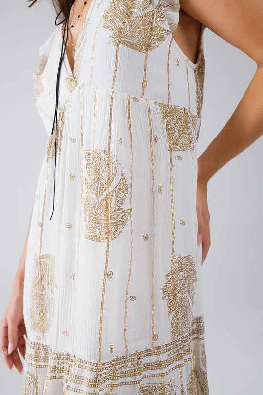 Short Babydoll Dress With Leaf Print And Lurex Thread in White - Dresses
