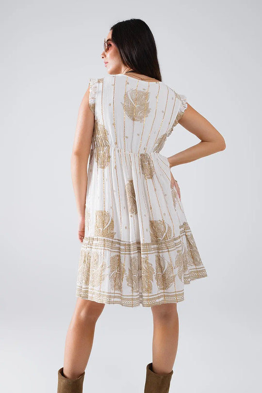 Short Babydoll Dress With Leaf Print And Lurex Thread in White - Dresses