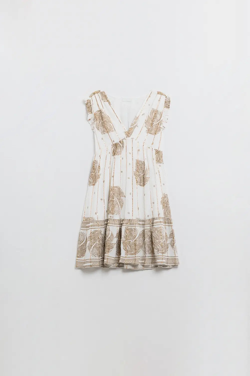 Short Babydoll Dress With Leaf Print And Lurex Thread in White - Dresses