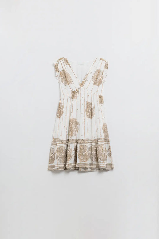 Short Babydoll Dress With Leaf Print And Lurex Thread in White - Dresses