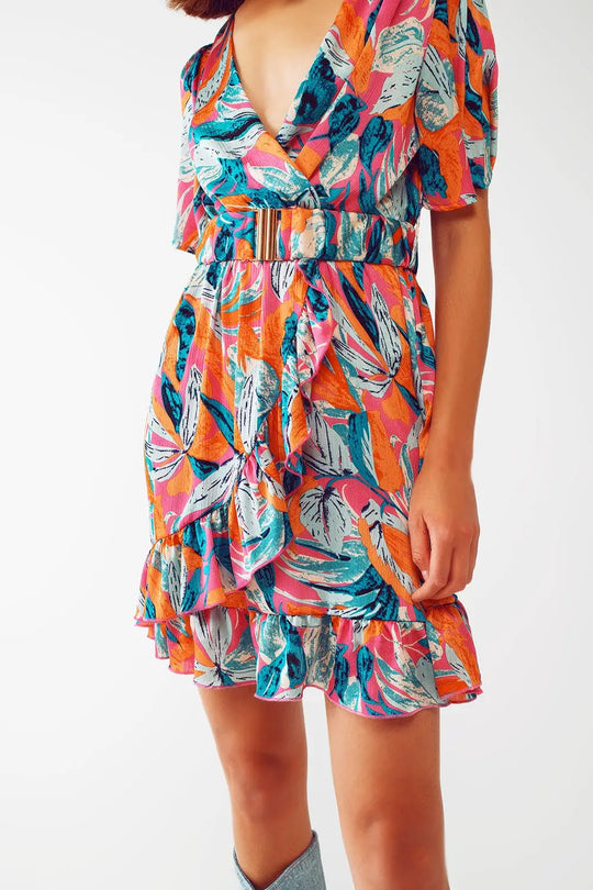 Short Belted Wrap Dress With Floral Print in Orange - Dresses