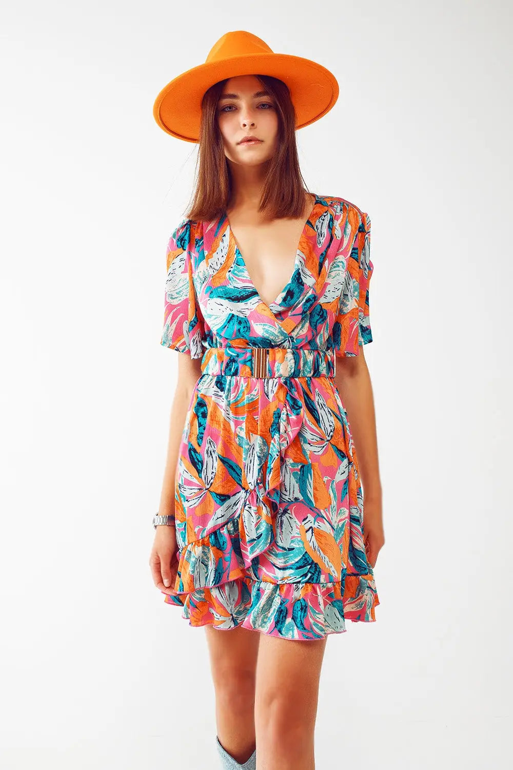 Short Belted Wrap Dress With Floral Print in Orange - Dresses