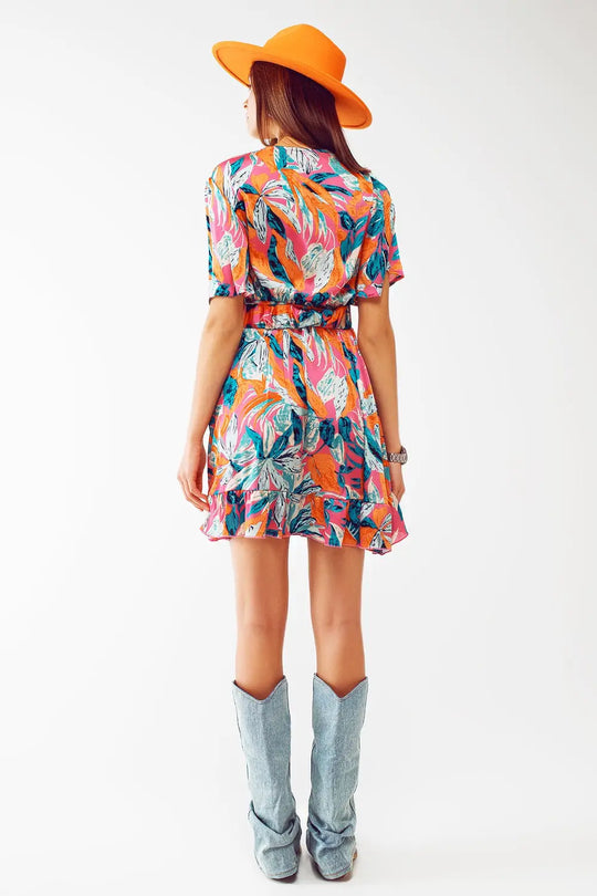 Short Belted Wrap Dress With Floral Print in Orange - Dresses