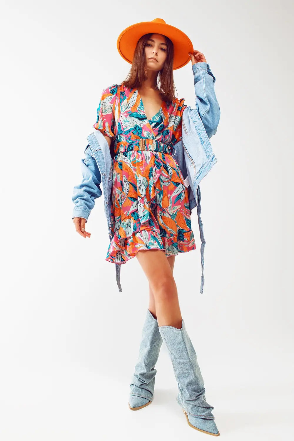 Short Belted Wrap Dress With Floral Print in Orange - Dresses