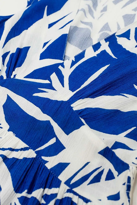 Short Blue Dress With Tropical Palm Print - Dresses