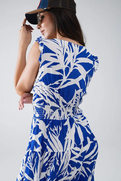 Short Blue Dress With Tropical Palm Print - Dresses