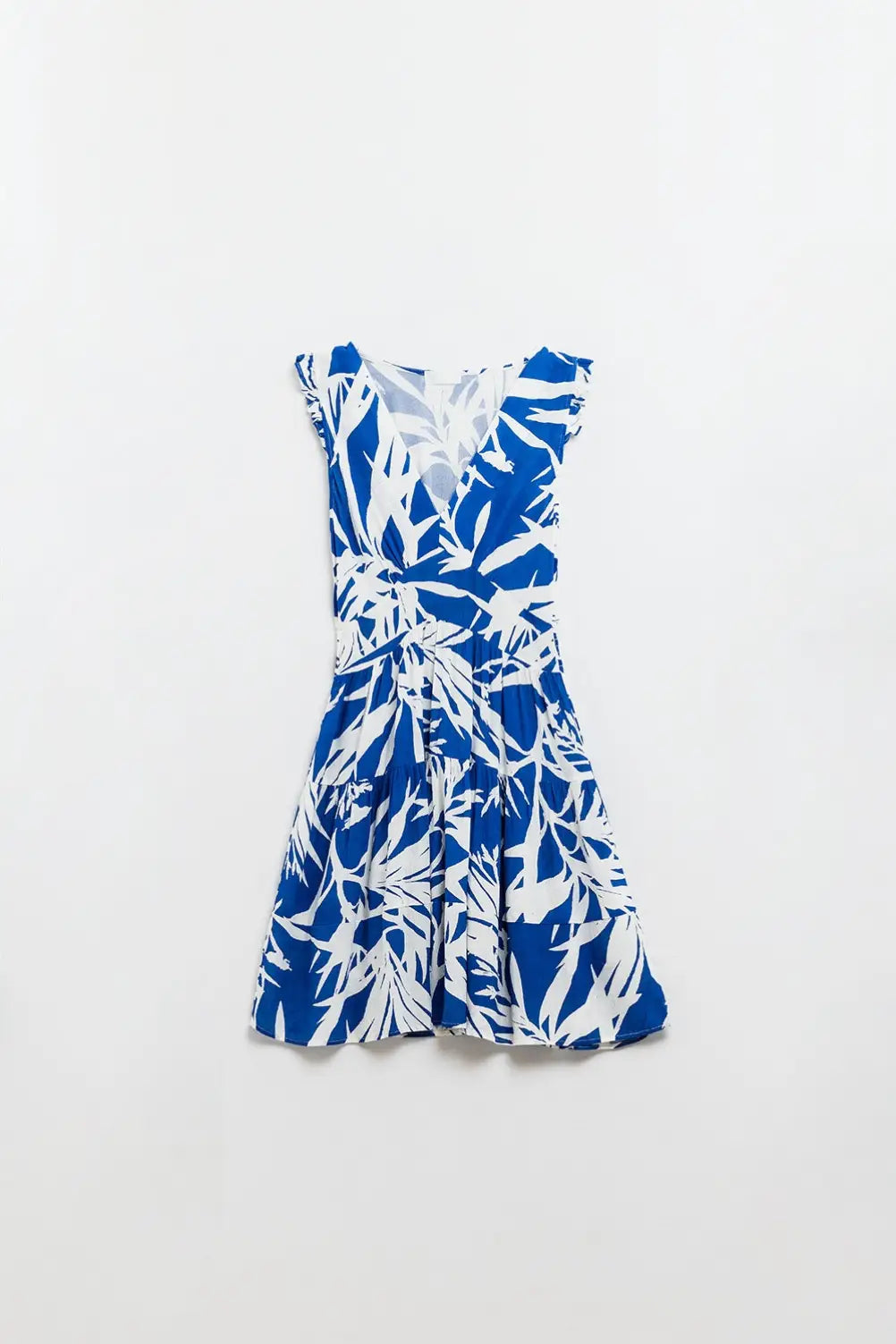 Short Blue Dress With Tropical Palm Print - Dresses