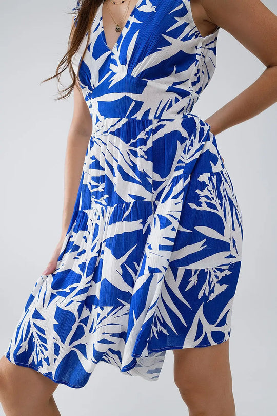 Short Blue Dress With Tropical Palm Print - Dresses