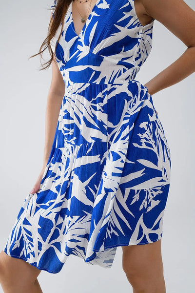Short Blue Dress With Tropical Palm Print - Dresses