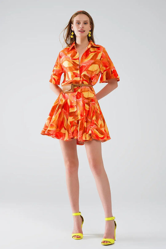 Short Dress with Abstract Print in Brown Red and Brown - Dresses
