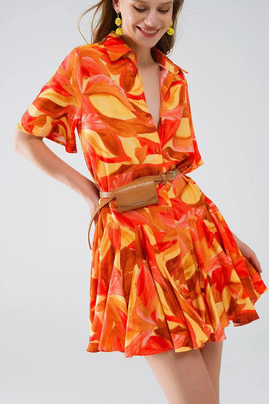 Short Dress with Abstract Print in Brown Red and Brown - Dresses