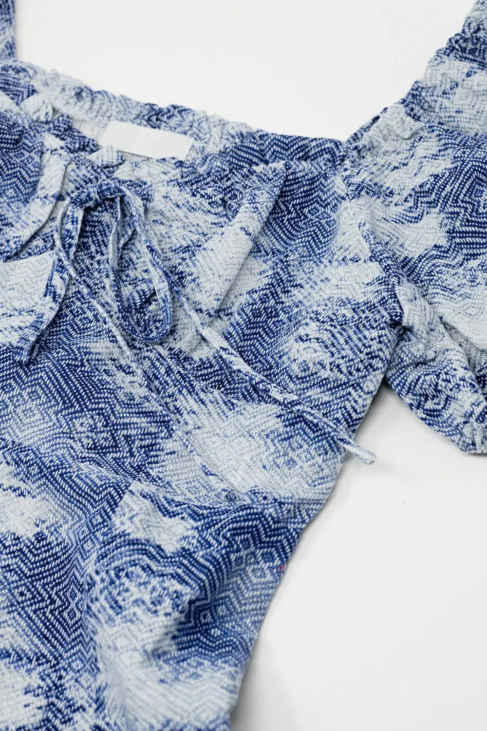 Short Dress With Puff Sleeves In Abstract Blue and White Print - Dresses