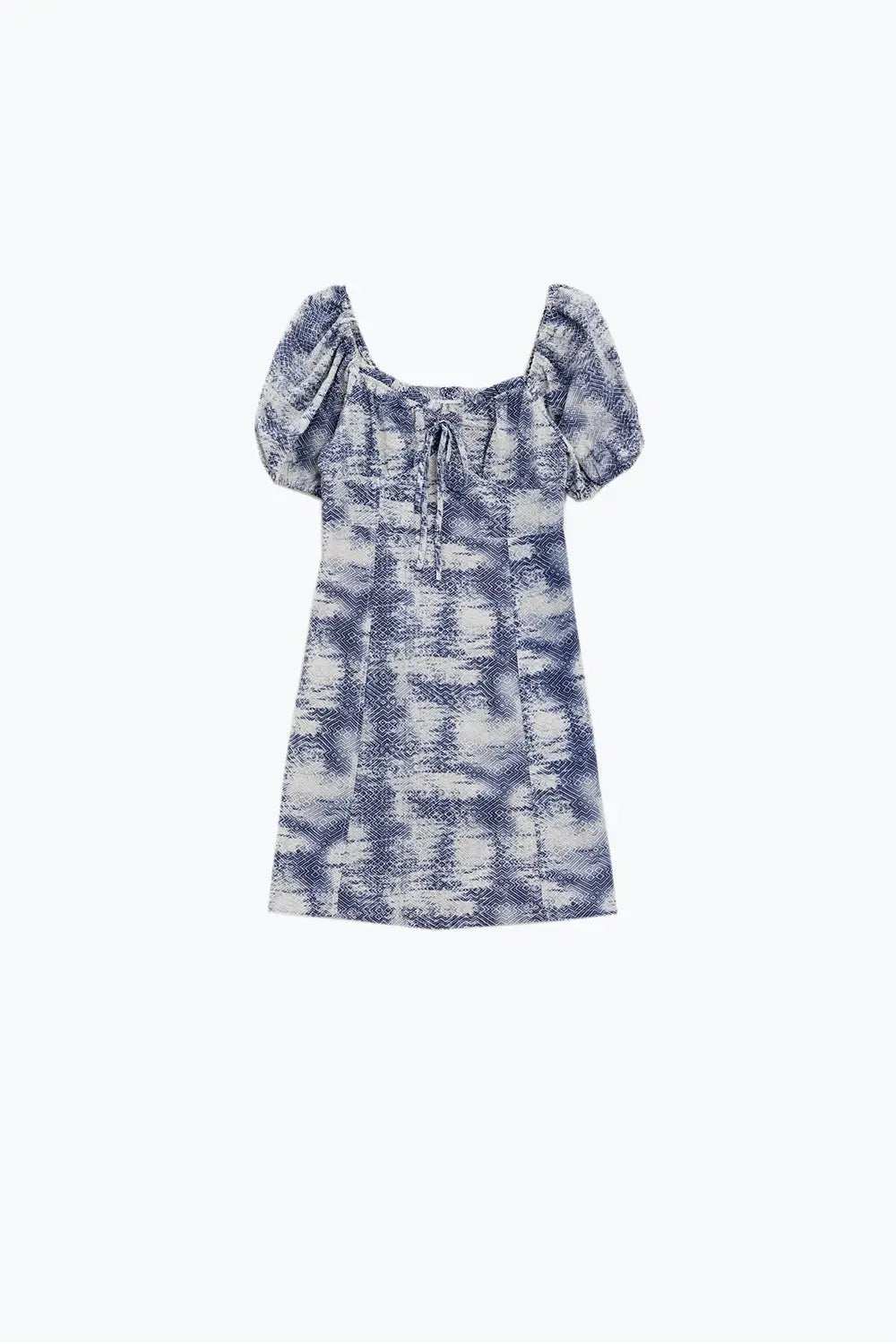 Short Dress With Puff Sleeves In Abstract Blue and White Print - Dresses
