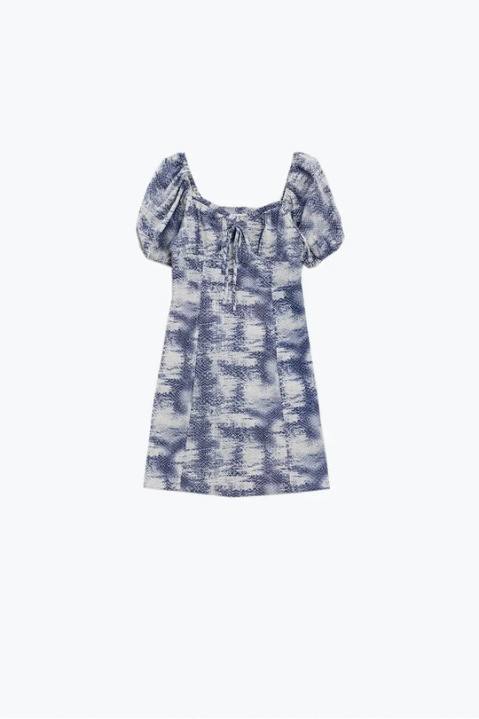 Short Dress With Puff Sleeves In Abstract Blue and White Print - Dresses