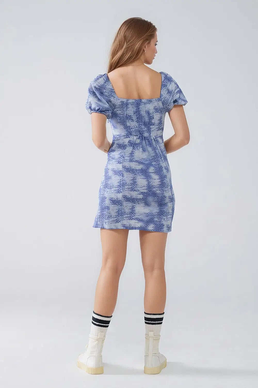 Short Dress With Puff Sleeves In Abstract Blue and White Print - Dresses