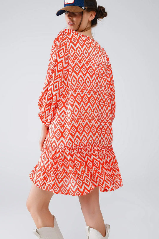 Short Dress With Tie At The Front Details in Ethnic Red Print - Dresses