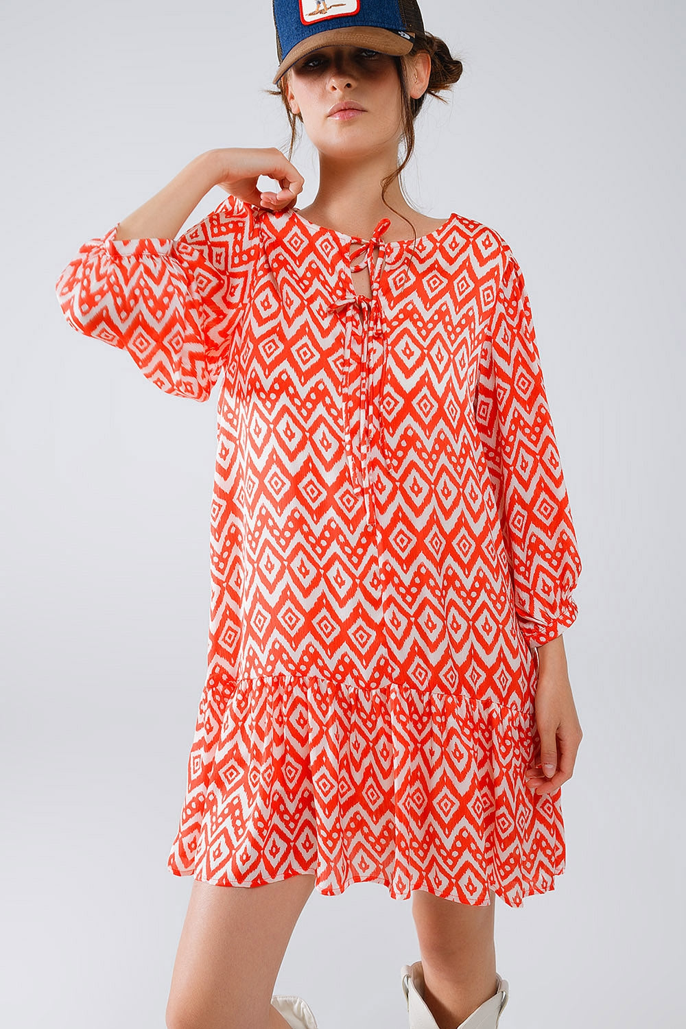 Short Dress With Tie At The Front Details in Ethnic Red Print