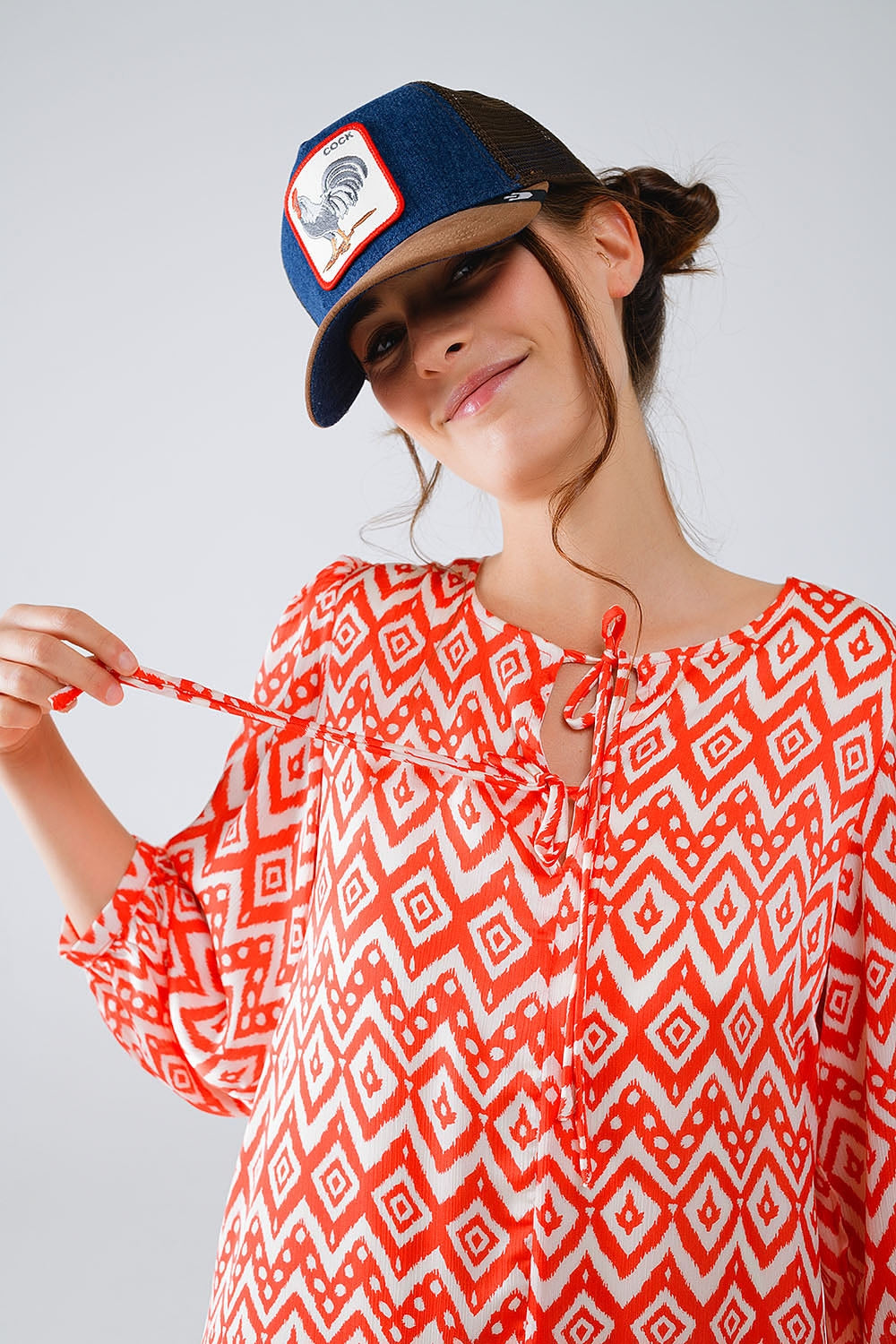 Short Dress With Tie At The Front Details in Ethnic Red Print