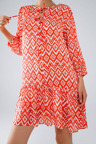 Short Dress With Tie At The Front Details in Ethnic Red Print