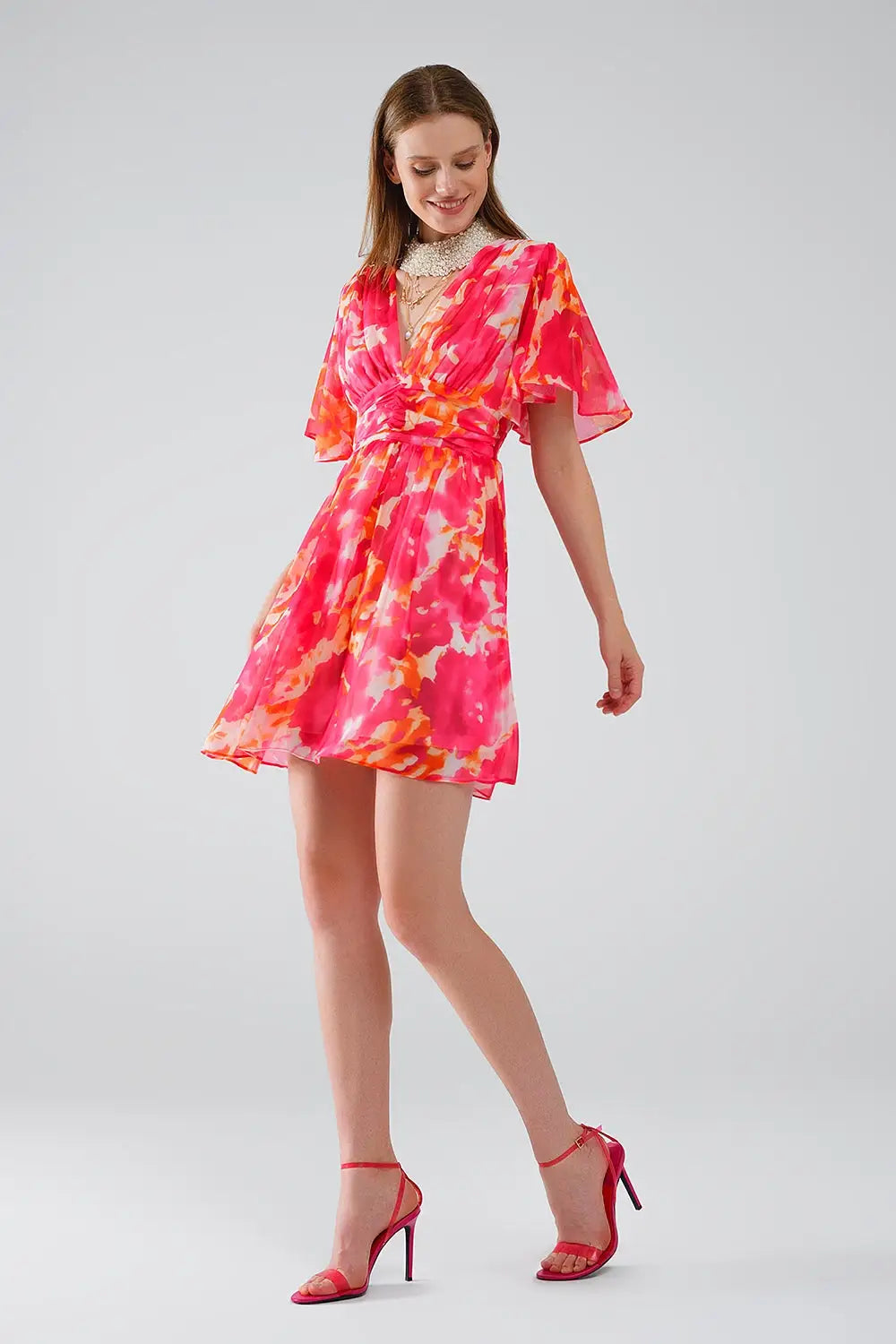 Short Dress with V-neck with Abstract Print In Pink and White - Dresses