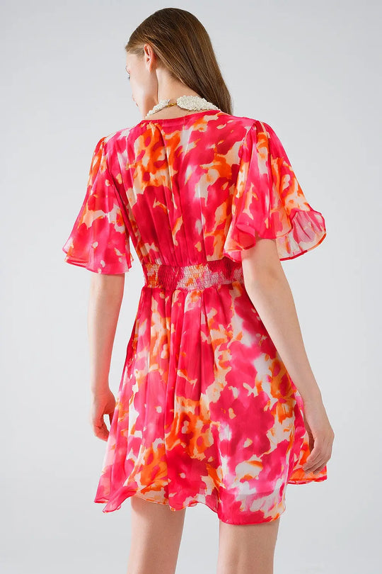 Short Dress with V-neck with Abstract Print In Pink and White - Dresses