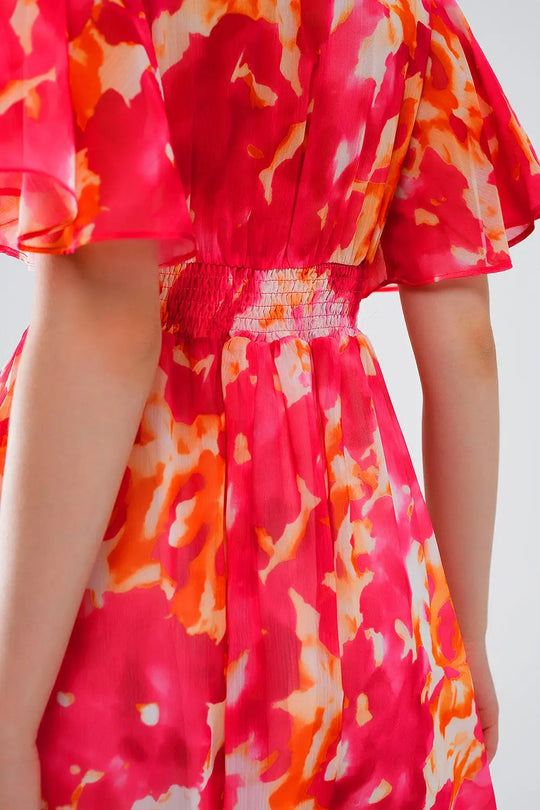 Short Dress with V-neck with Abstract Print In Pink and White - Dresses
