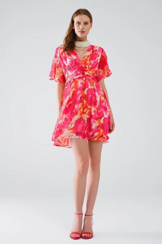 Short Dress with V-neck with Abstract Print In Pink and White - Dresses