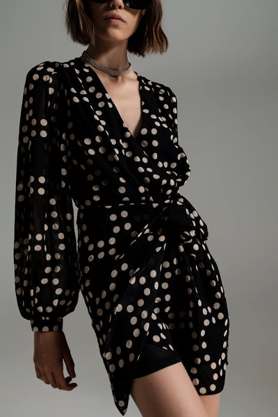 Short Dress With Wrapped Skirt And Balloon Sleeves In Cream And Black Polka Dot Print
