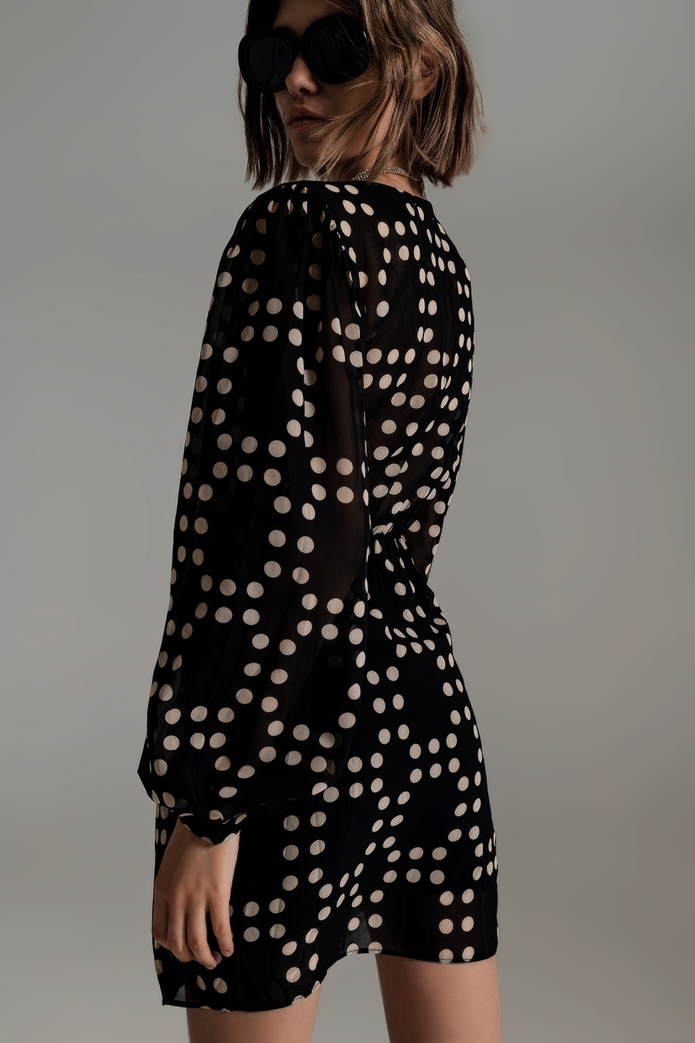 Short Dress With Wrapped Skirt And Balloon Sleeves In Cream And Black Polka Dot Print