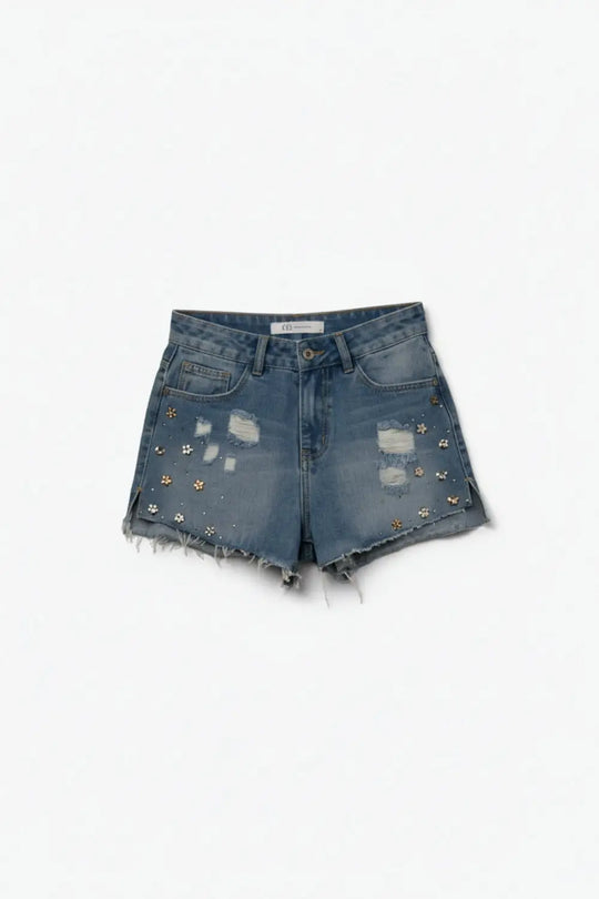 Q2 Short en denim brodé délavage léger
