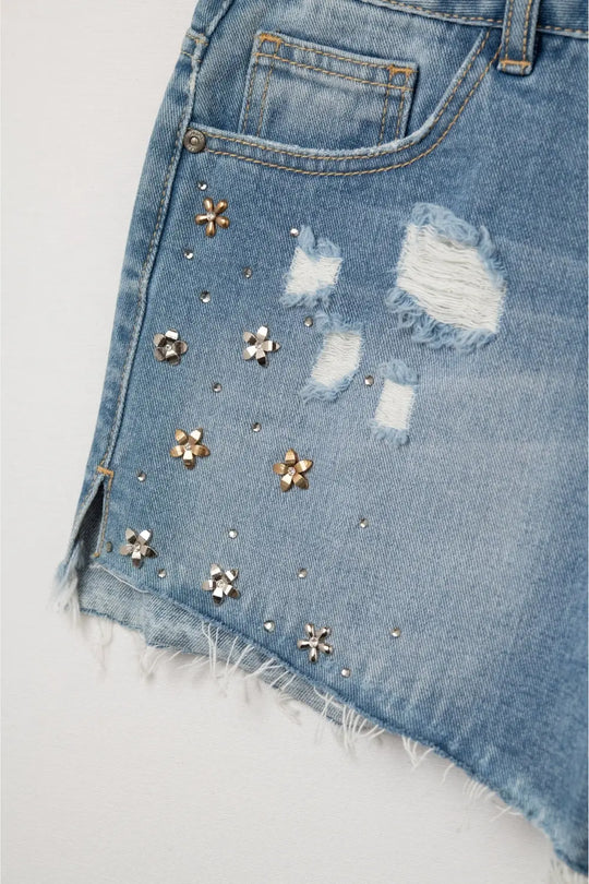 Short en denim brodé délavage léger - Pantalons