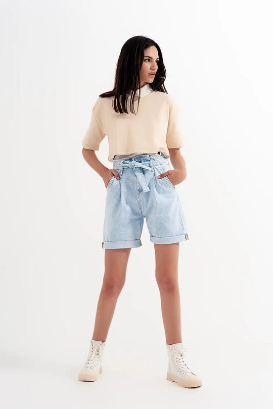 Short en denim délavé bleu clair avec lien à la taille - Pantalons