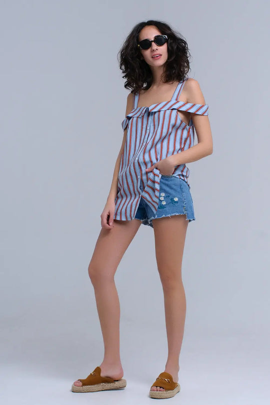 Short en denim motif floraux - Pantalons