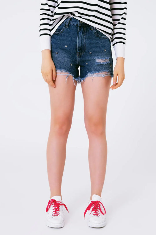 short en jean à ornement clous étoiles - Pantalons