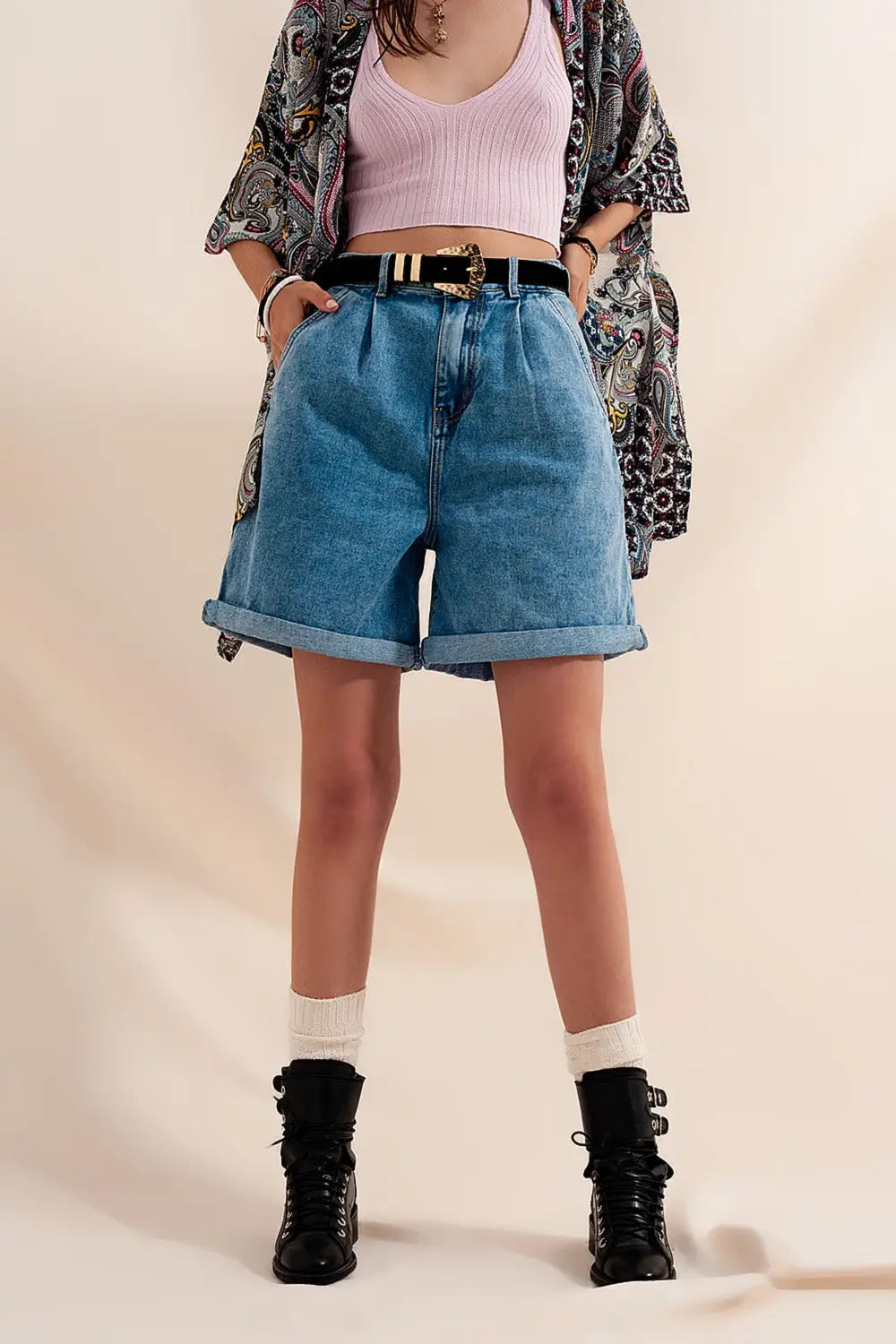Short en jean à taille haute et à pinces délavage moyen - Pantalons