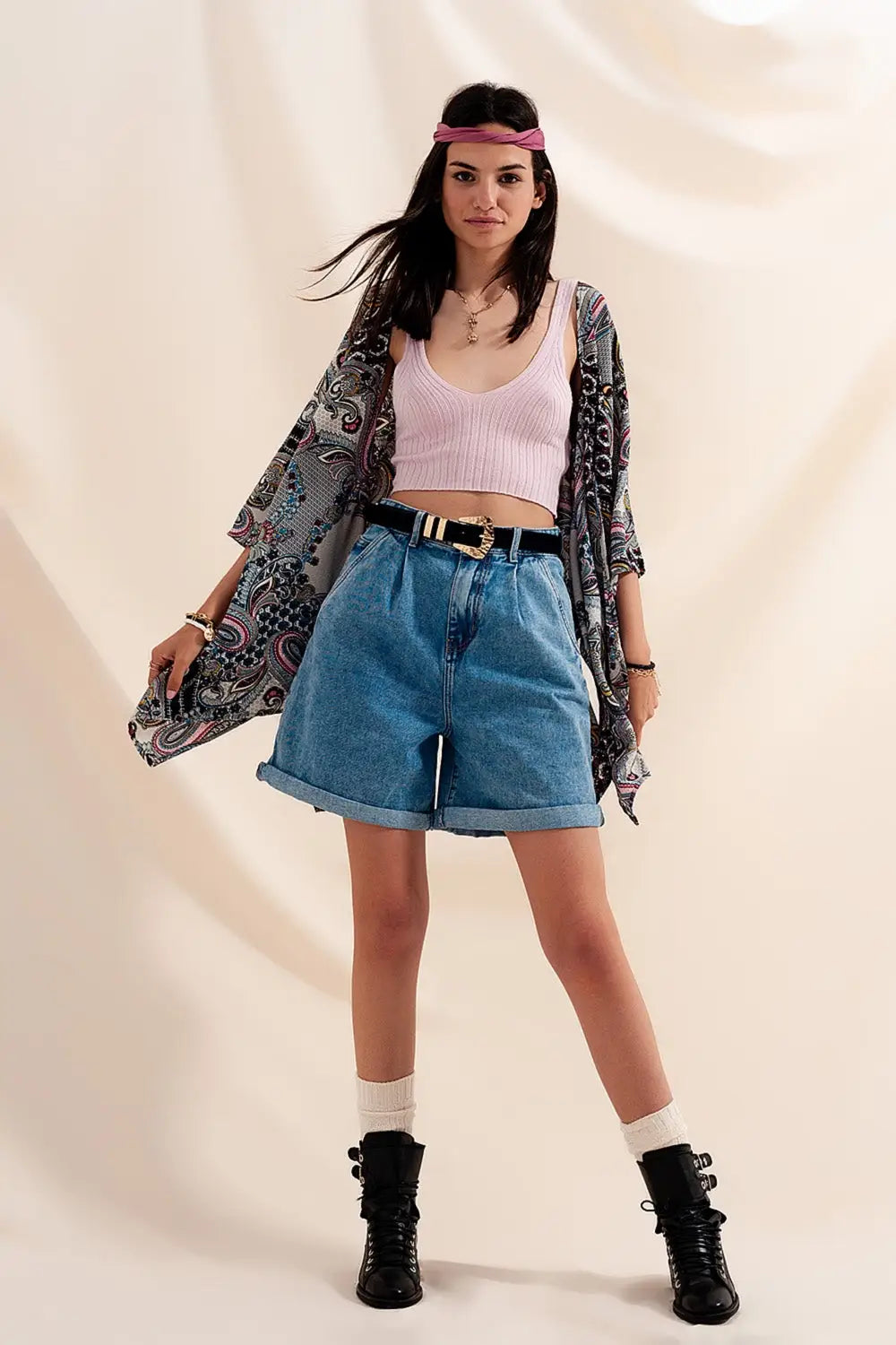 Short en jean à taille haute et à pinces délavage moyen - Pantalons