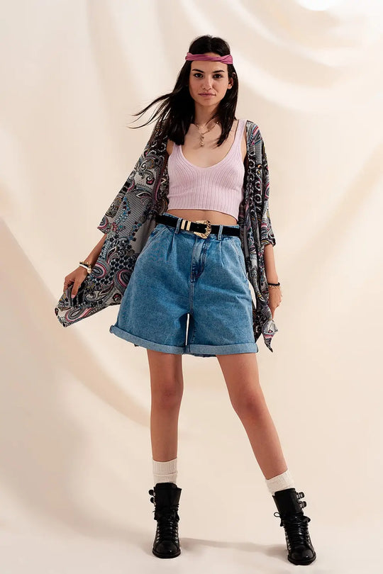 Short en jean à taille haute et à pinces délavage moyen - Pantalons