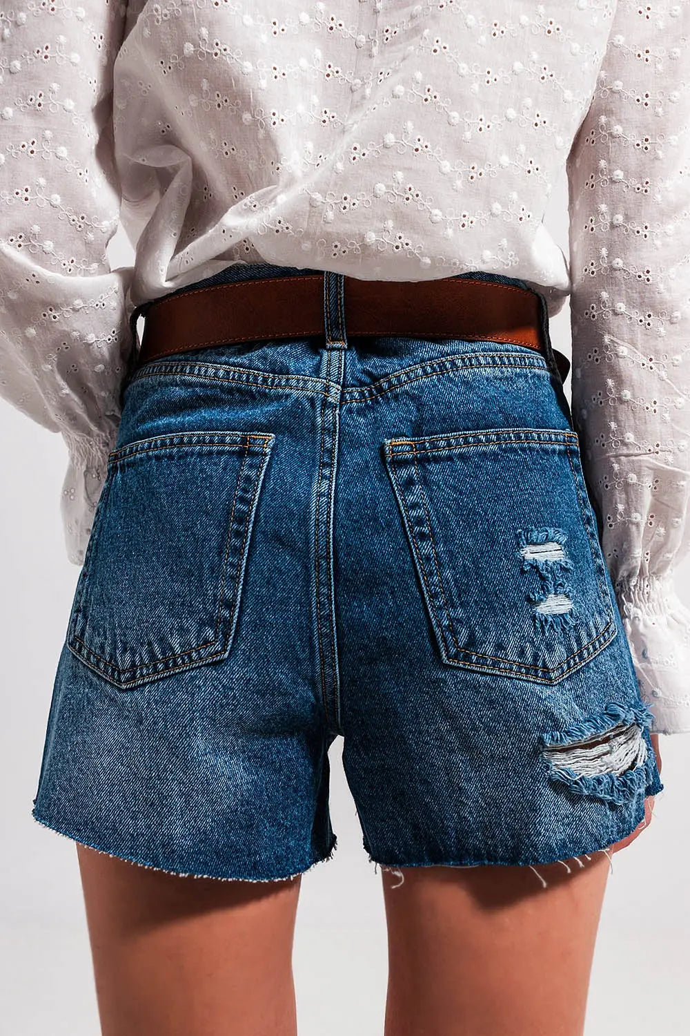 Short en jean à taille haute et déchirures Délavage moyen - Pantalons