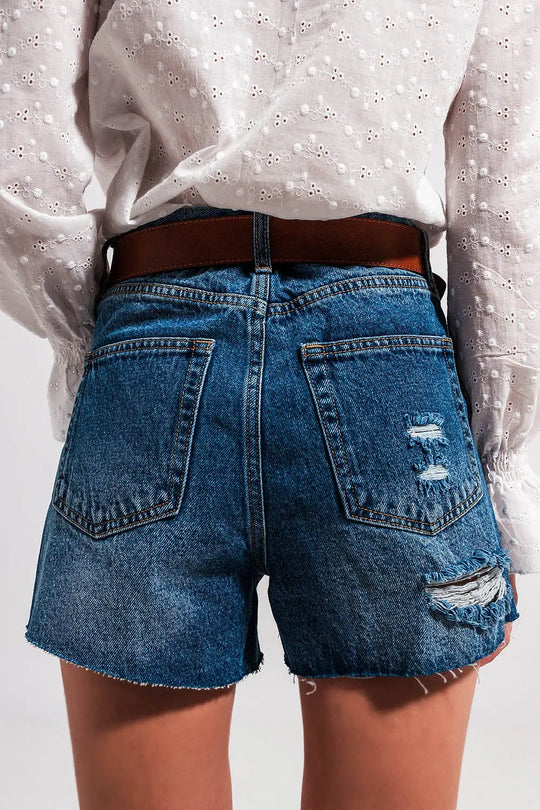 Short en jean à taille haute et déchirures Délavage moyen - Pantalons