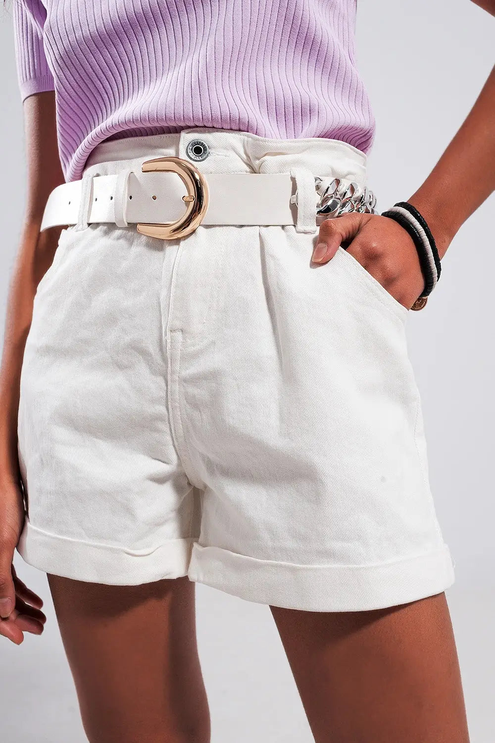 Short en jean à taille haute froncée Blanc - Pantalons