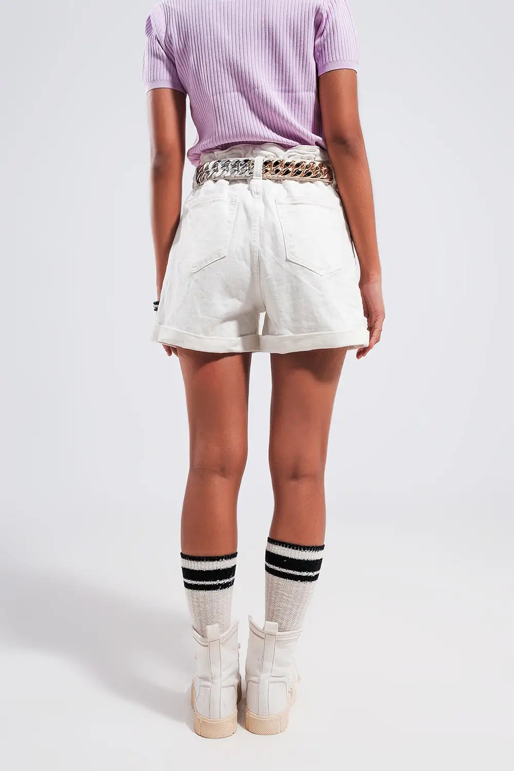 Short en jean à taille haute froncée Blanc - Pantalons