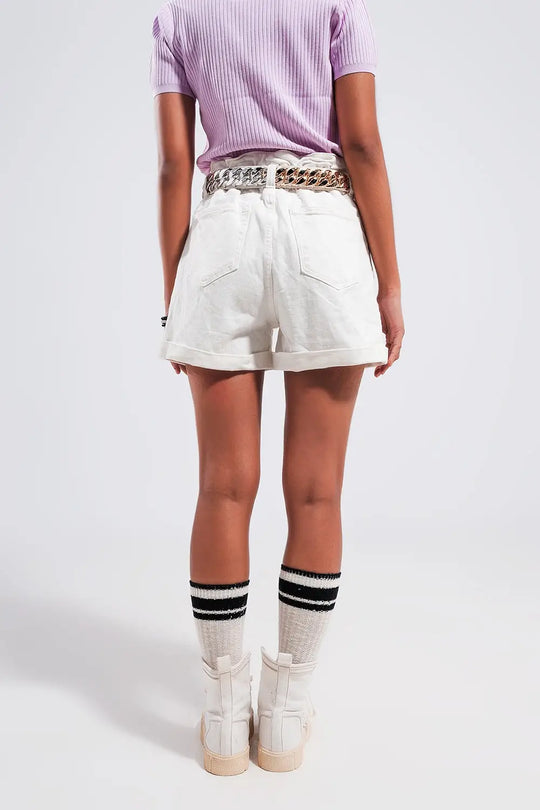Short en jean à taille haute froncée Blanc - Pantalons