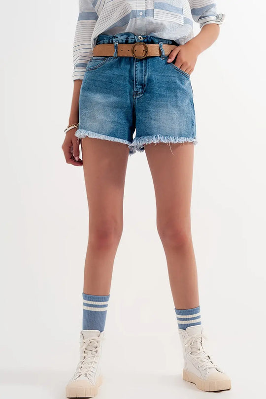 Short en jean à taille haute froncée - Pantalons