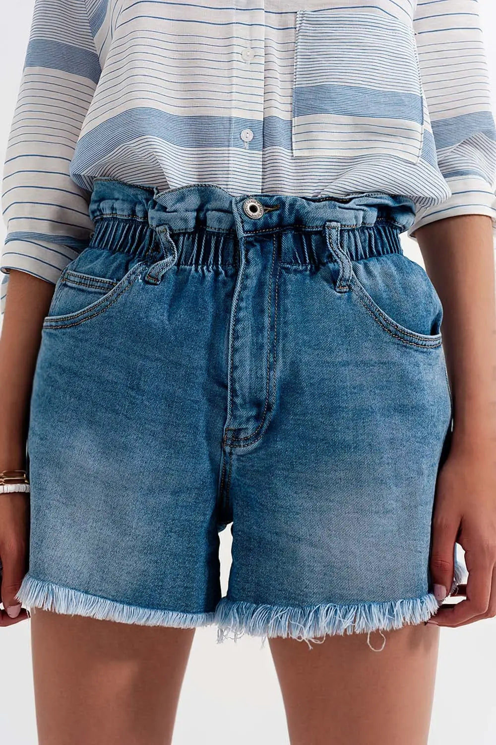 Short en jean à taille haute froncée - Pantalons