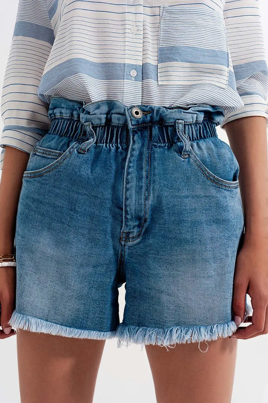 Short en jean à taille haute froncée - Pantalons