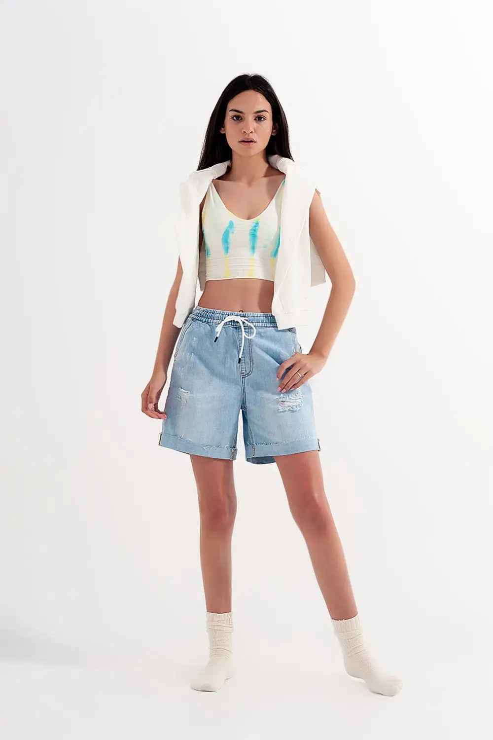 Short en jean avec élastiques Bleu délavé - Pantalons